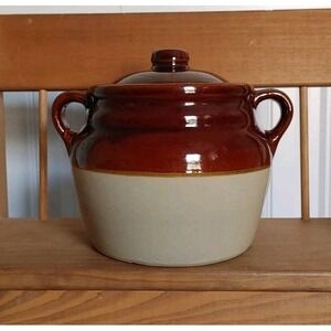 Western Stoneware Two Tone Brown Glaze Bean Pot Maple Leaf On Bottom USA Cottage